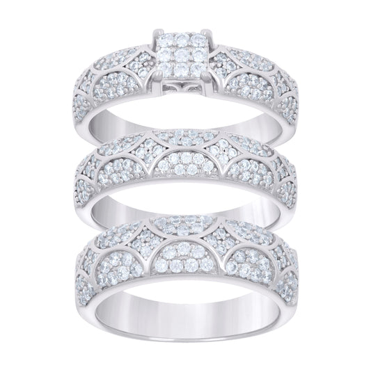 Sterling Silver Cubic-Zirconia Trio Bridal Anniversary Wedding Engagement Band Ring Set