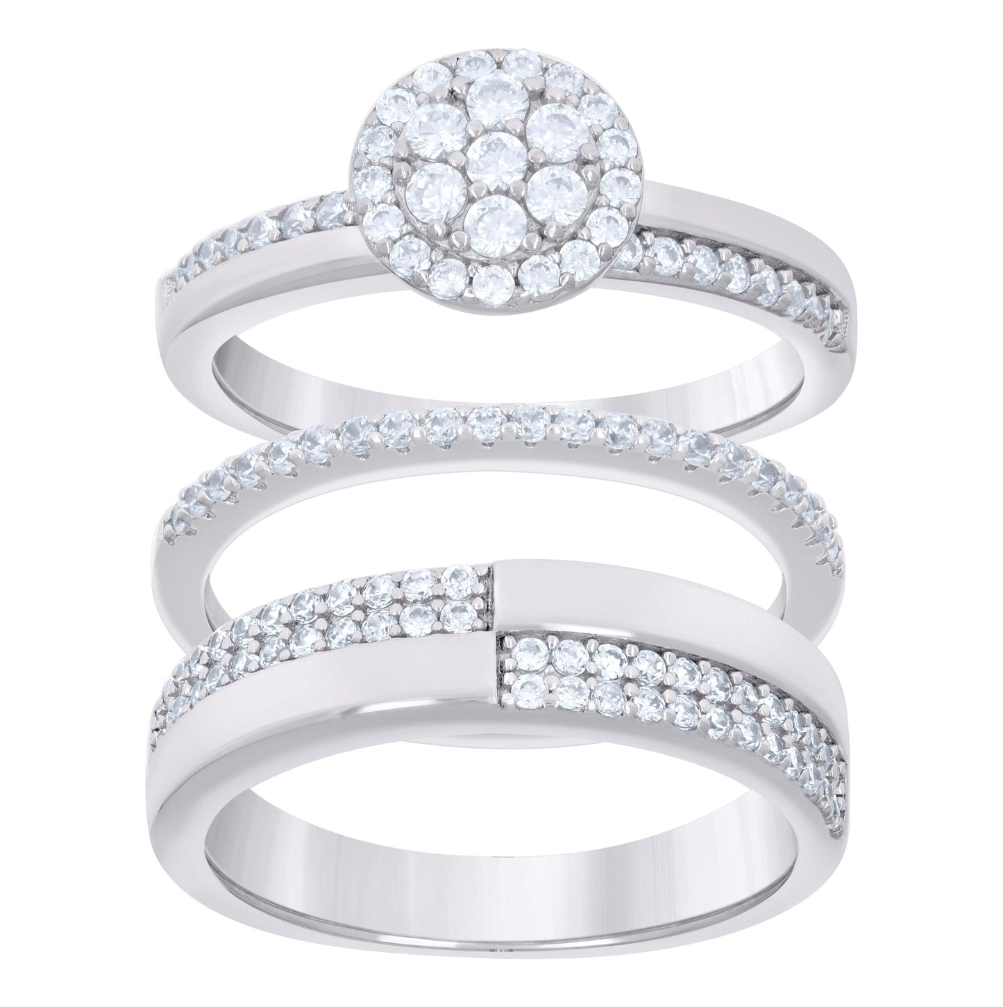 Sterling Silver Cubic-Zirconia Trio Bridal Anniversary Wedding Engagement Band Ring Set