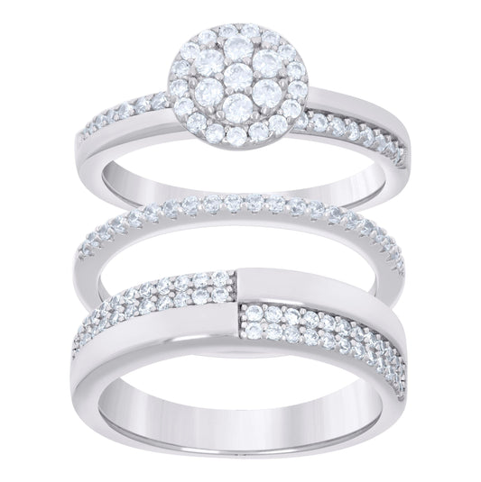Sterling Silver Cubic-Zirconia Trio Bridal Anniversary Wedding Engagement Band Ring Set