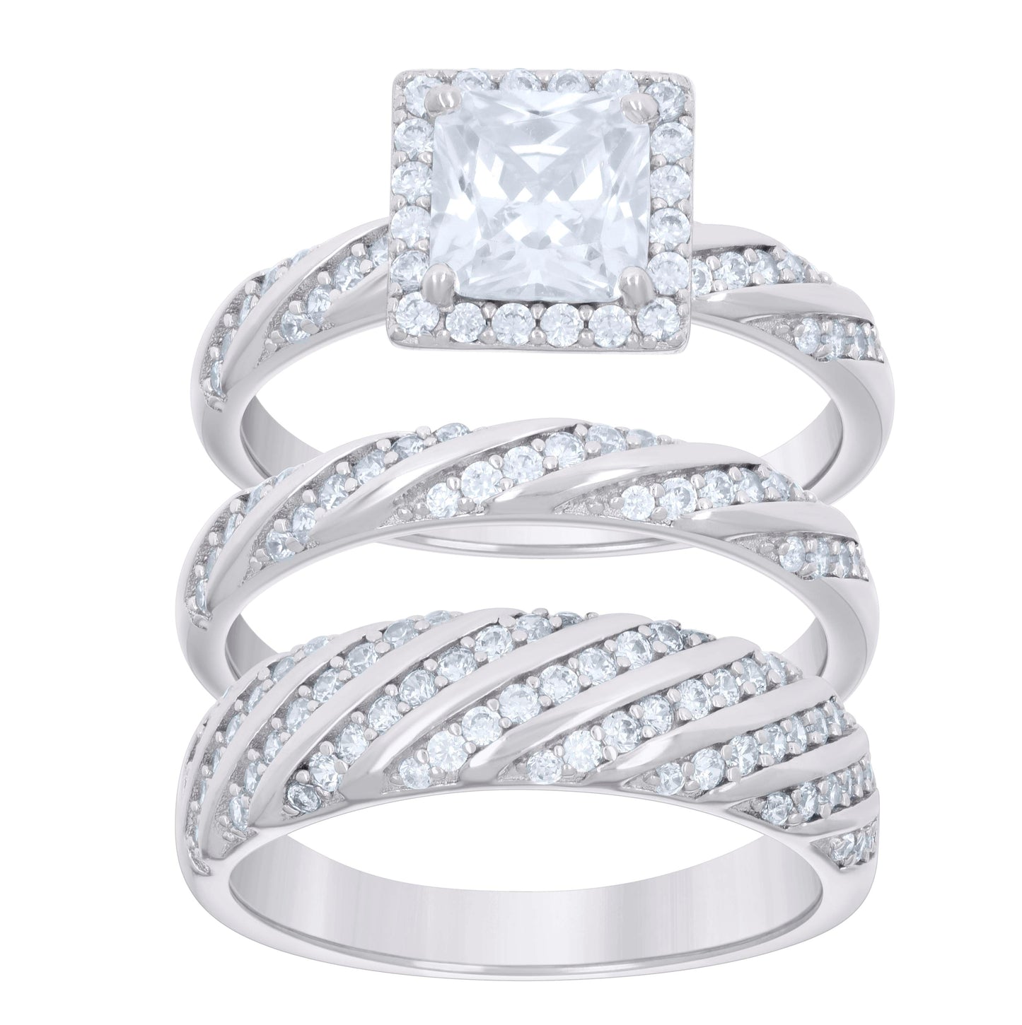 Sterling Silver Princess-Cut Round Cubic-Zirconia Trio Bridal Anniversary Wedding Engagement Band Ring Set