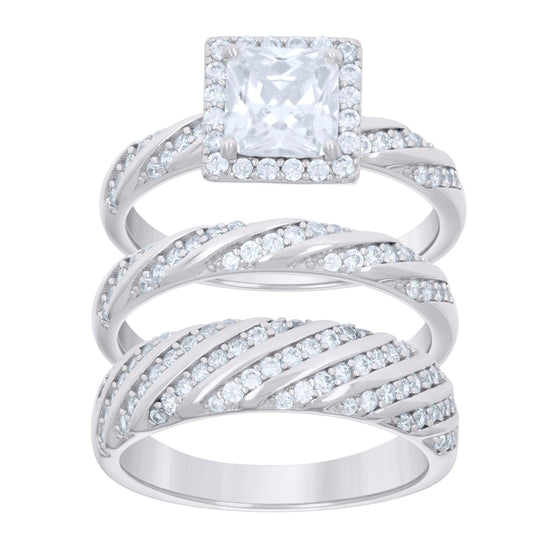 Sterling Silver Princess-Cut Round Cubic-Zirconia Trio Bridal Anniversary Wedding Engagement Band Ring Set