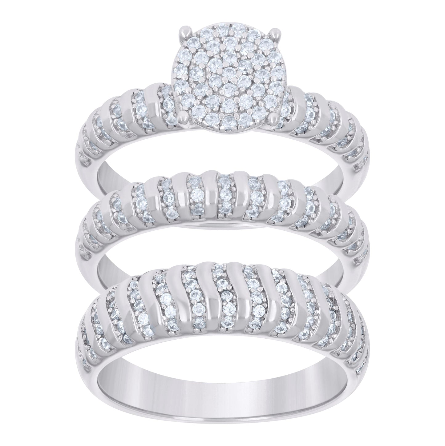 Sterling Silver Cubic-Zirconia Trio Bridal Anniversary Wedding Engagement Band Ring Set