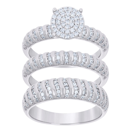 Sterling Silver Cubic-Zirconia Trio Bridal Anniversary Wedding Engagement Band Ring Set