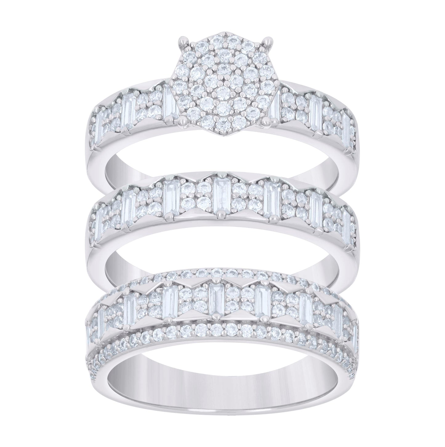 Sterling Silver Baguette Round Cubic-Zirconia Trio Bridal Anniversary Wedding Engagement Band Ring Set