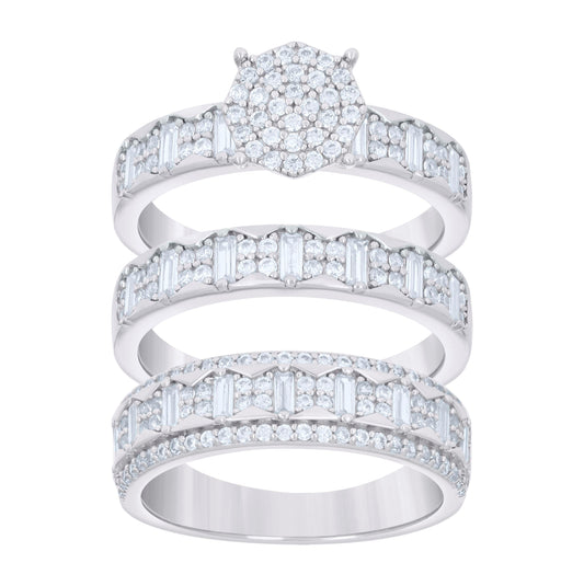 Sterling Silver Baguette Round Cubic-Zirconia Trio Bridal Anniversary Wedding Engagement Band Ring Set