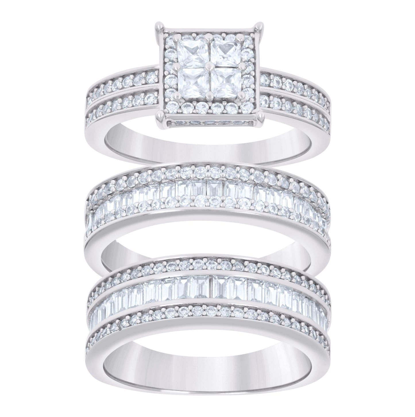 Sterling Silver Princess-Cut/Baguette Round Cubic-Zirconia Trio Bridal Anniversary Wedding Engagement Band Ring Set