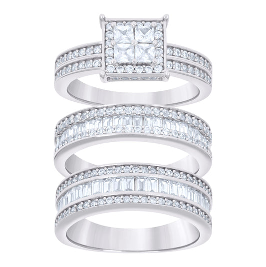 Sterling Silver Princess-Cut/Baguette Round Cubic-Zirconia Trio Bridal Anniversary Wedding Engagement Band Ring Set