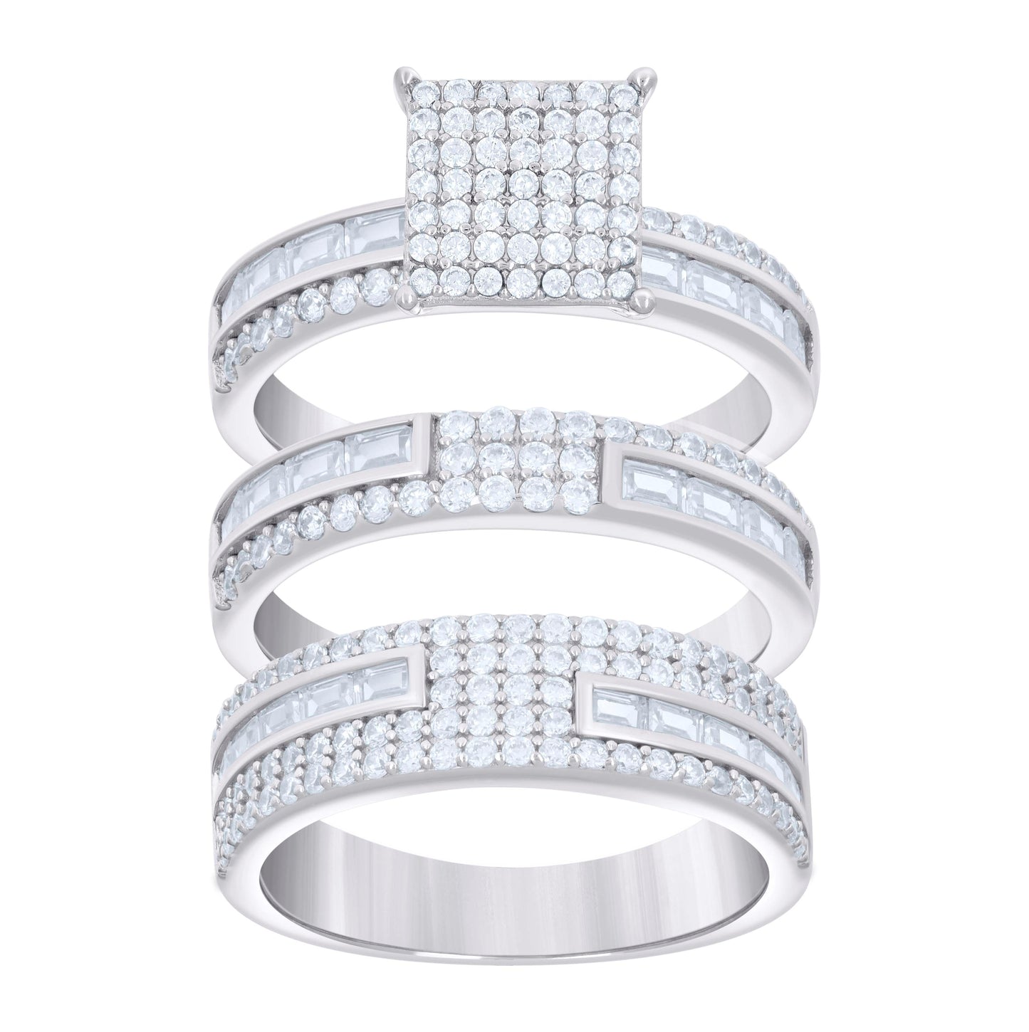 Sterling Silver Baguette Round Cubic-Zirconia Trio Bridal Anniversary Wedding Engagement Band Ring Set