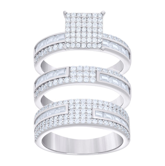 Sterling Silver Baguette Round Cubic-Zirconia Trio Bridal Anniversary Wedding Engagement Band Ring Set