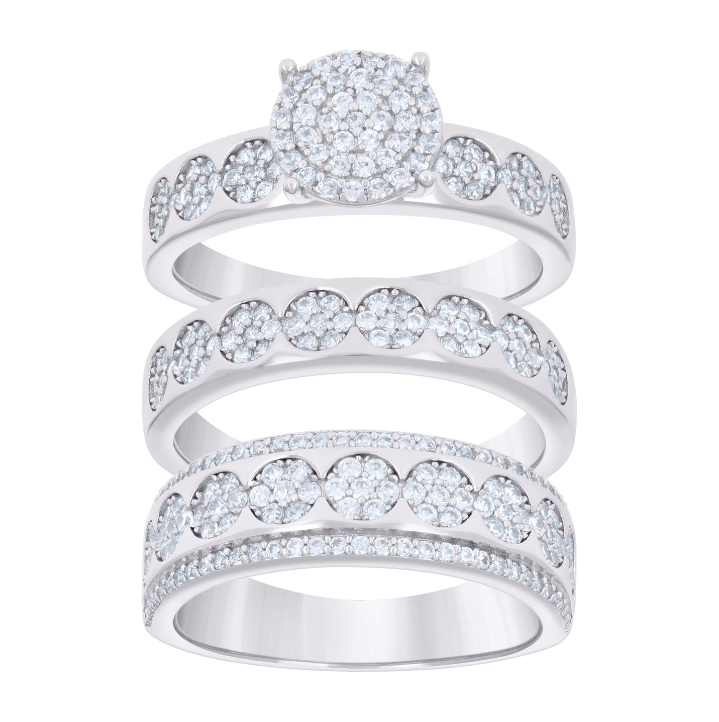 Sterling Silver Cubic-Zirconia Trio Bridal Anniversary Wedding Engagement Band Ring Set