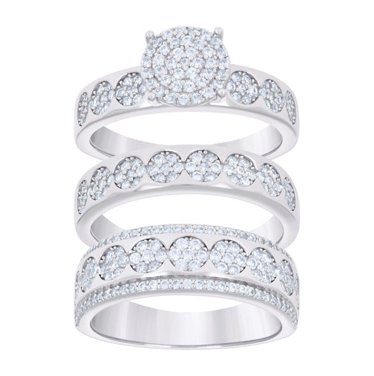 Sterling Silver Cubic-Zirconia Trio Bridal Anniversary Wedding Engagement Band Ring Set