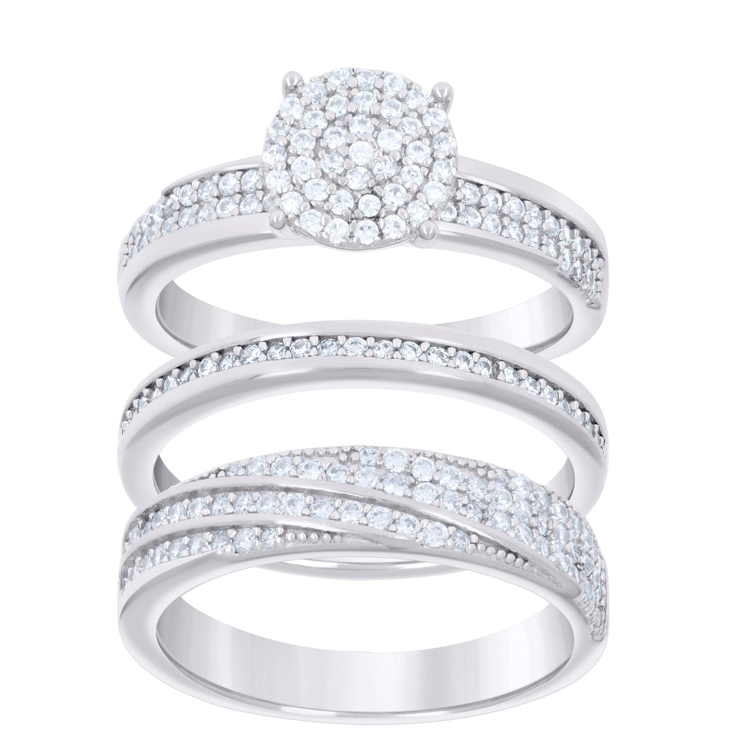 Sterling Silver Cubic-Zirconia Trio Bridal Anniversary Wedding Engagement Band Ring Set