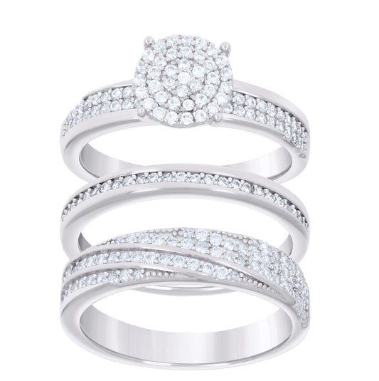 Sterling Silver Cubic-Zirconia Trio Bridal Anniversary Wedding Engagement Band Ring Set