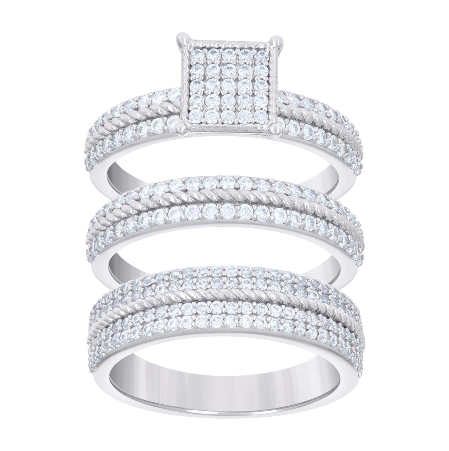 Sterling Silver Cubic-Zirconia Trio Bridal Anniversary Wedding Engagement Band Ring Set