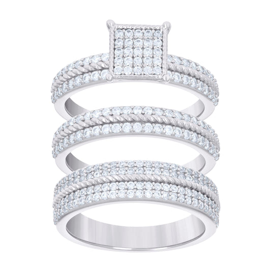 Sterling Silver Cubic-Zirconia Trio Bridal Anniversary Wedding Engagement Band Ring Set