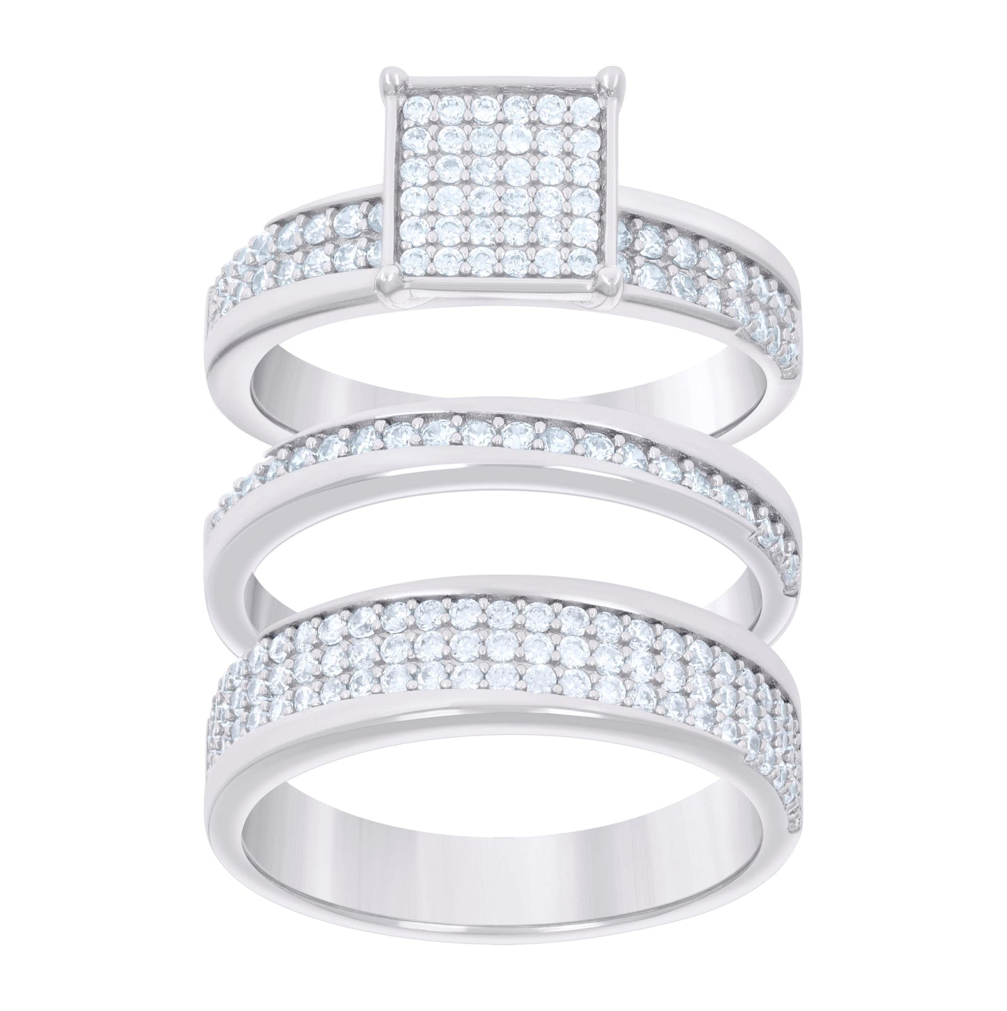 Sterling Silver Cubic-Zirconia Trio Bridal Anniversary Wedding Engagement Band Ring Set
