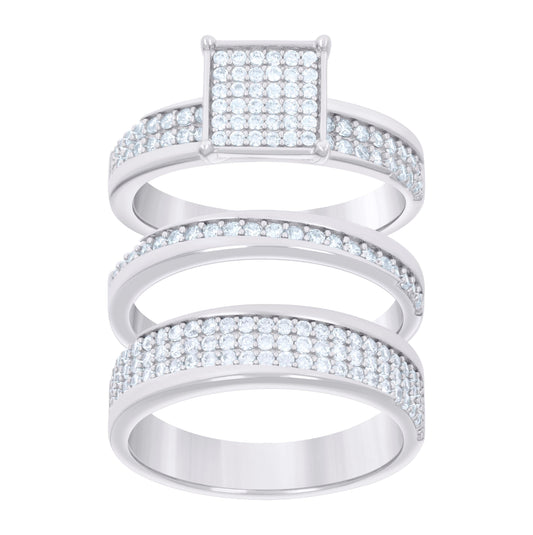 Sterling Silver Cubic-Zirconia Trio Bridal Anniversary Wedding Engagement Band Ring Set