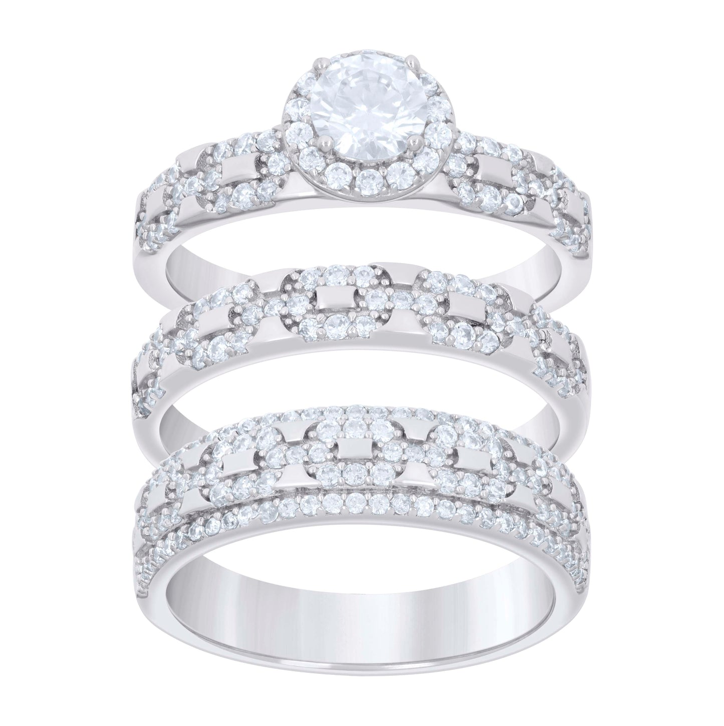 Sterling Silver Cubic-Zirconia Trio Bridal Anniversary Wedding Engagement Band Ring Set