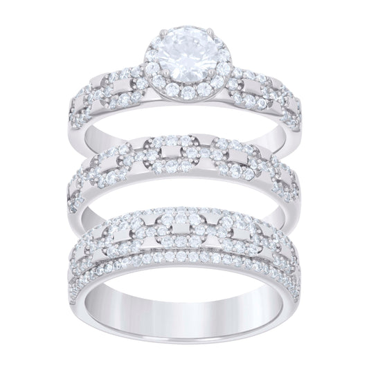 Sterling Silver Cubic-Zirconia Trio Bridal Anniversary Wedding Engagement Band Ring Set