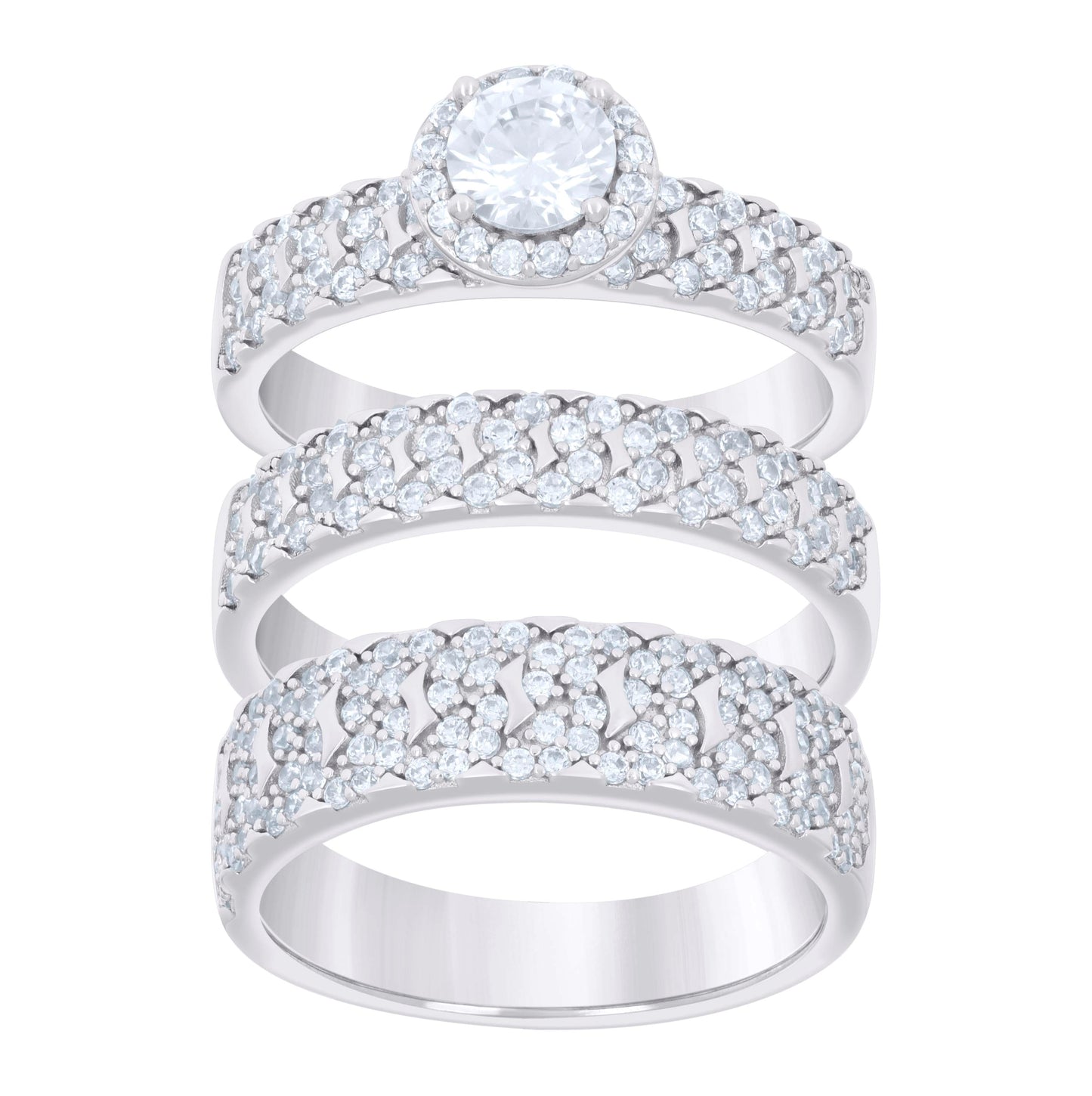 Sterling Silver Cubic-Zirconia Trio Bridal Anniversary Wedding Engagement Band Ring Set