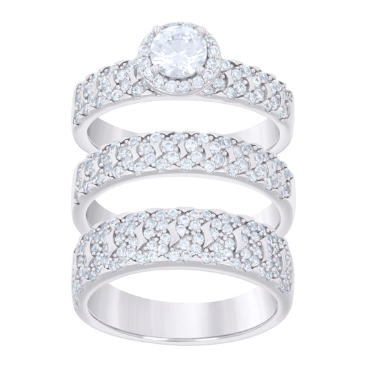 Sterling Silver Cubic-Zirconia Trio Bridal Anniversary Wedding Engagement Band Ring Set