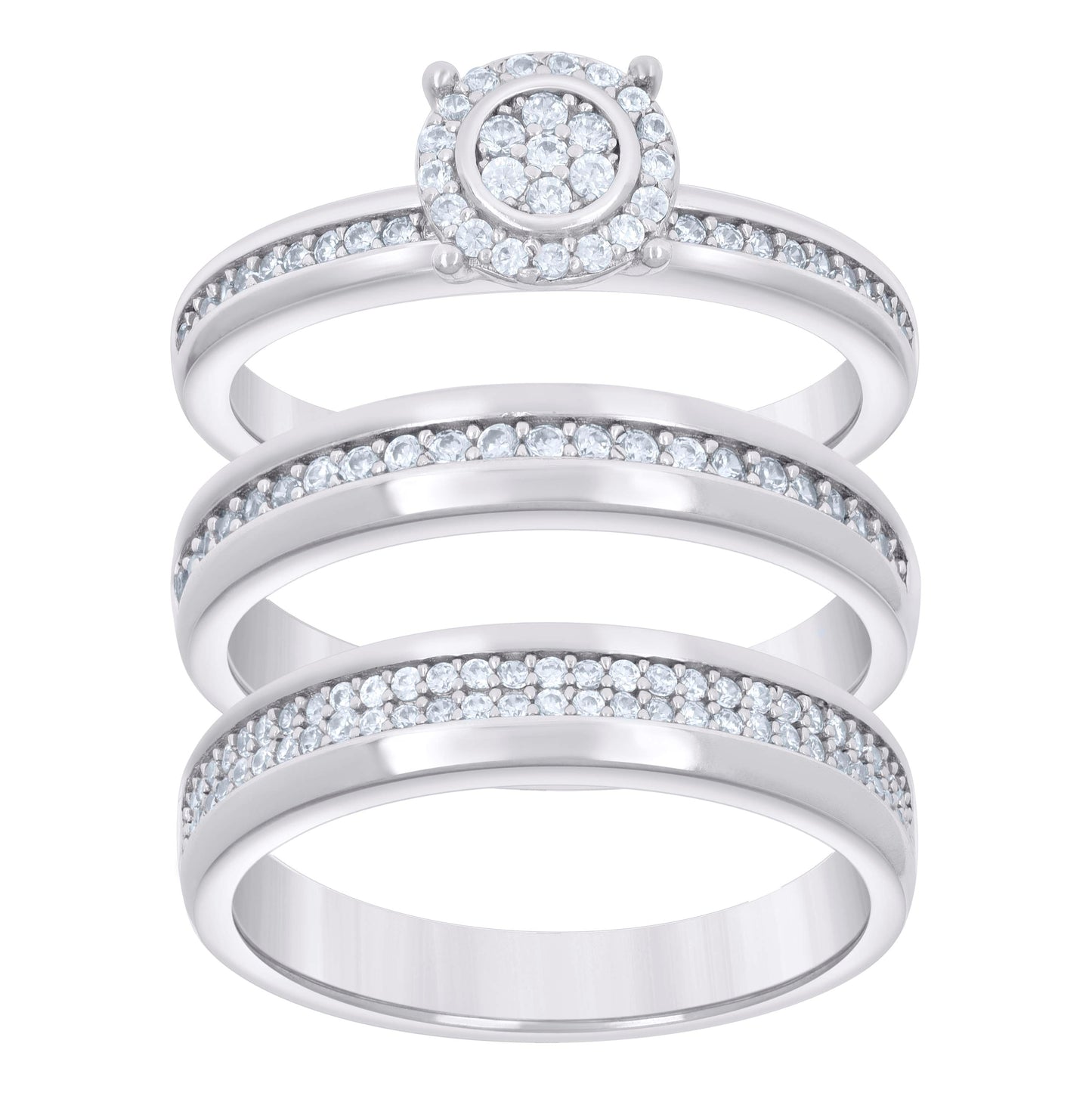 Sterling Silver Cubic-Zirconia Trio Bridal Anniversary Wedding Engagement Band Ring Set
