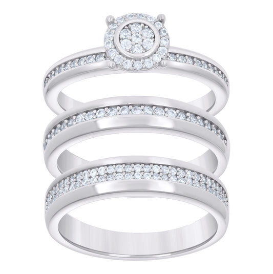 Sterling Silver Cubic-Zirconia Trio Bridal Anniversary Wedding Engagement Band Ring Set