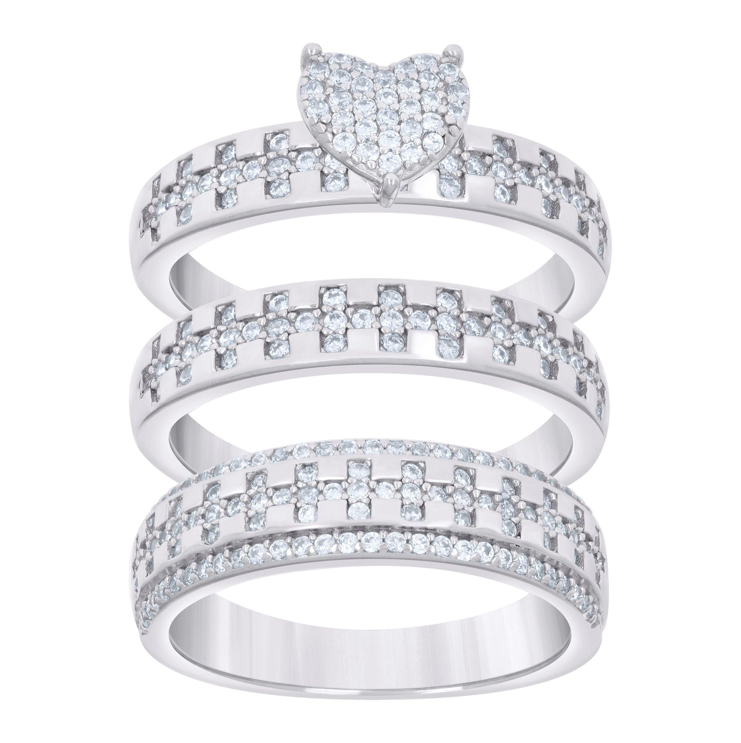 Sterling Silver Cubic-Zirconia Trio Bridal Anniversary Wedding Engagement Band Ring Set