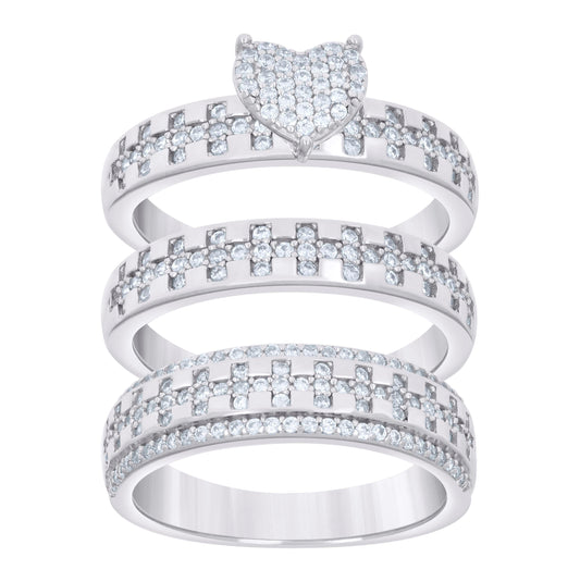Sterling Silver Cubic-Zirconia Trio Bridal Anniversary Wedding Engagement Band Ring Set