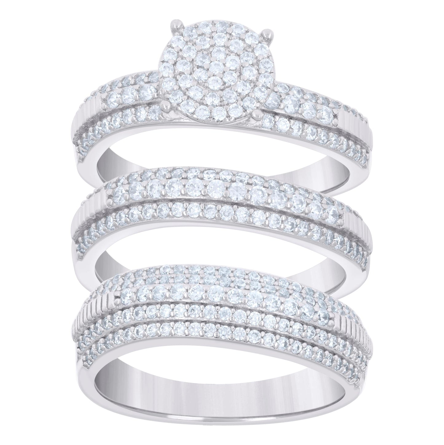 Sterling Silver Cubic-Zirconia Trio Bridal Anniversary Wedding Engagement Band Ring Set