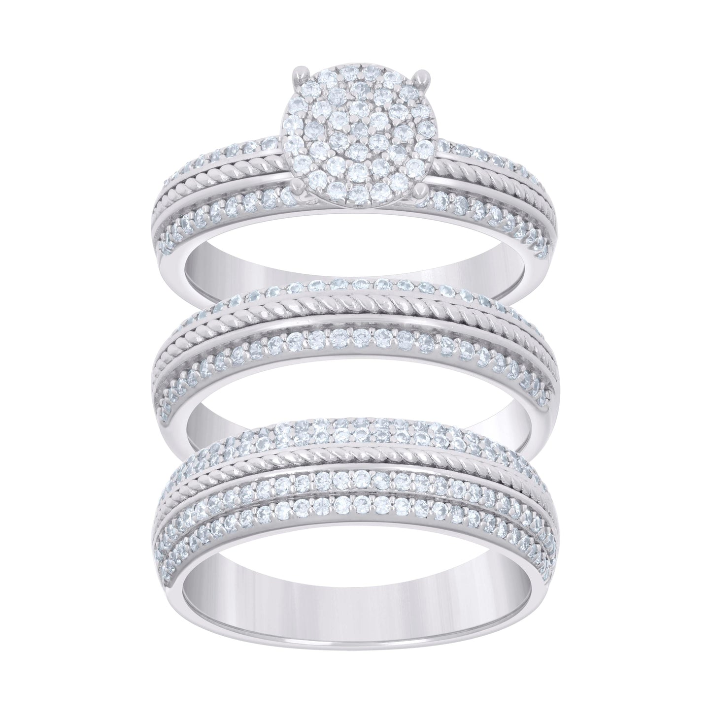 Sterling Silver Cubic-Zirconia Trio Bridal Anniversary Wedding Engagement Band Ring Set