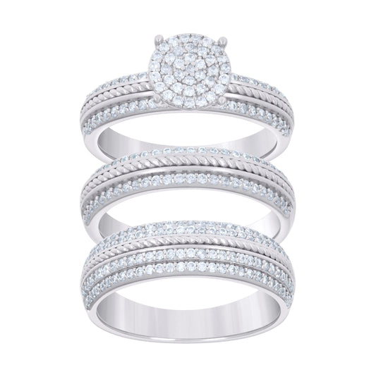 Sterling Silver Cubic-Zirconia Trio Bridal Anniversary Wedding Engagement Band Ring Set