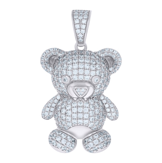 Sterling Silver Mens Round Moissanite Teddy Bear Fashion Charm Pendant