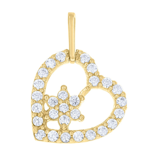 10K Yellow Gold Cubic-Zirconia Womens Flower Heart Charm Pendant