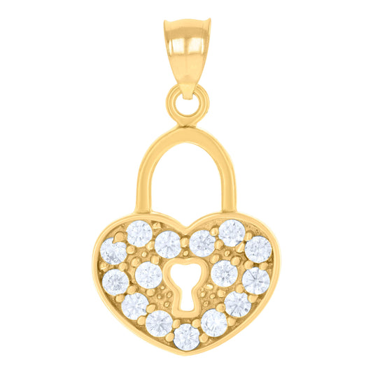 10K Yellow Gold Womens Cubic Zirconia Cubic-Zirconia Love Heart Lock Charm Pendant