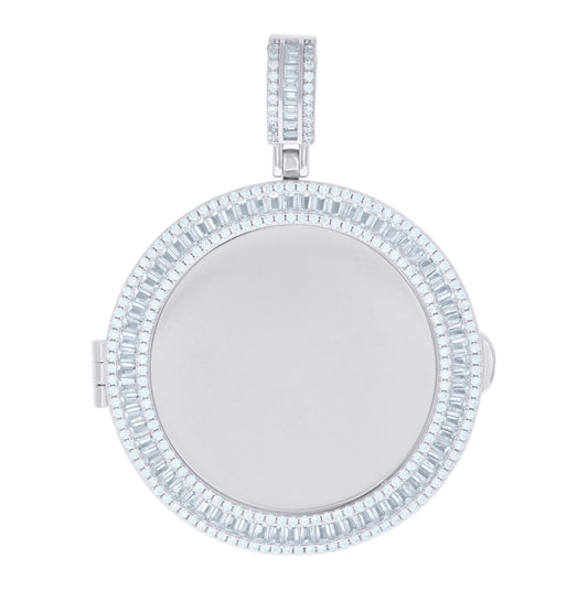 Sterling Silver Mens Baguette Round Cubic-Zirconia Round Picture Frame Pendant