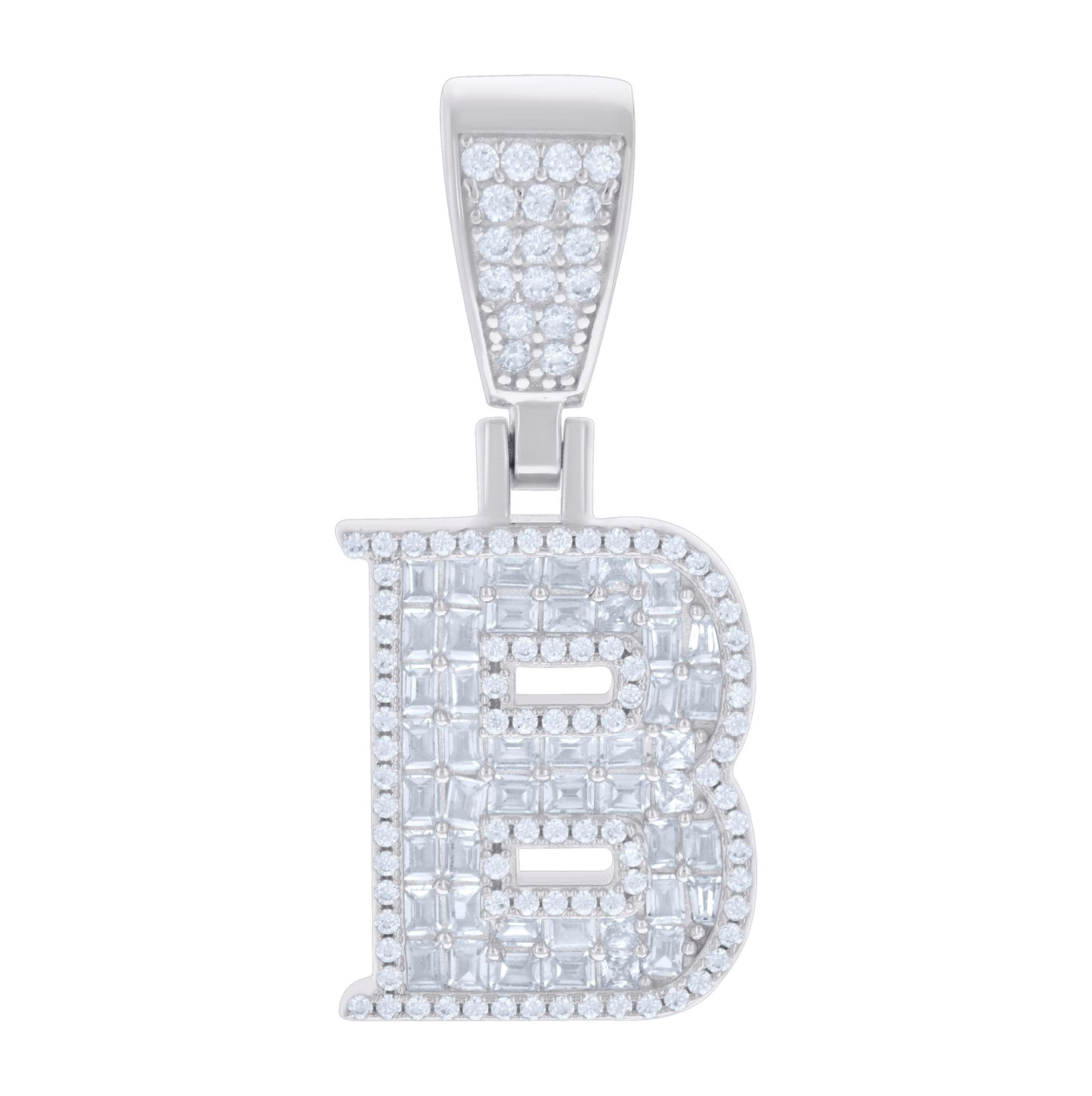 Sterling Silver Unisex Baguette Round Cubic-Zirconia Initial Alphabet Charm Pendant