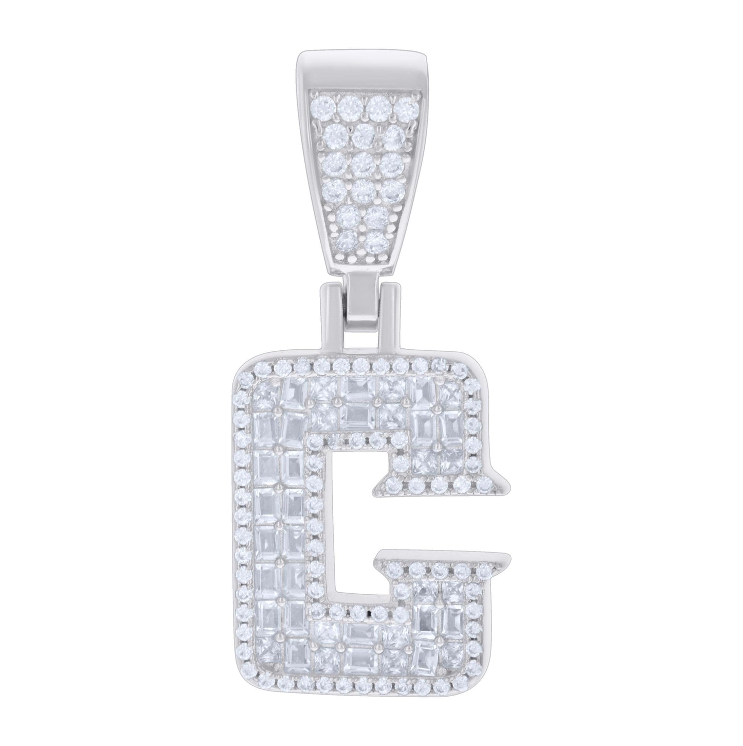 Sterling Silver Unisex Baguette Round Cubic-Zirconia Initial Alphabet Charm Pendant