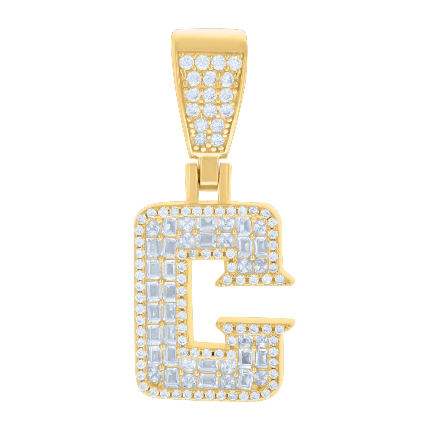 Sterling Silver Unisex Baguette Round Cubic-Zirconia Initial Alphabet Charm Pendant