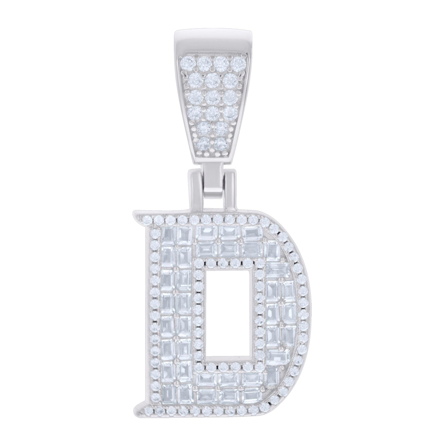 Sterling Silver Unisex Baguette Round Cubic-Zirconia Initial Alphabet Charm Pendant