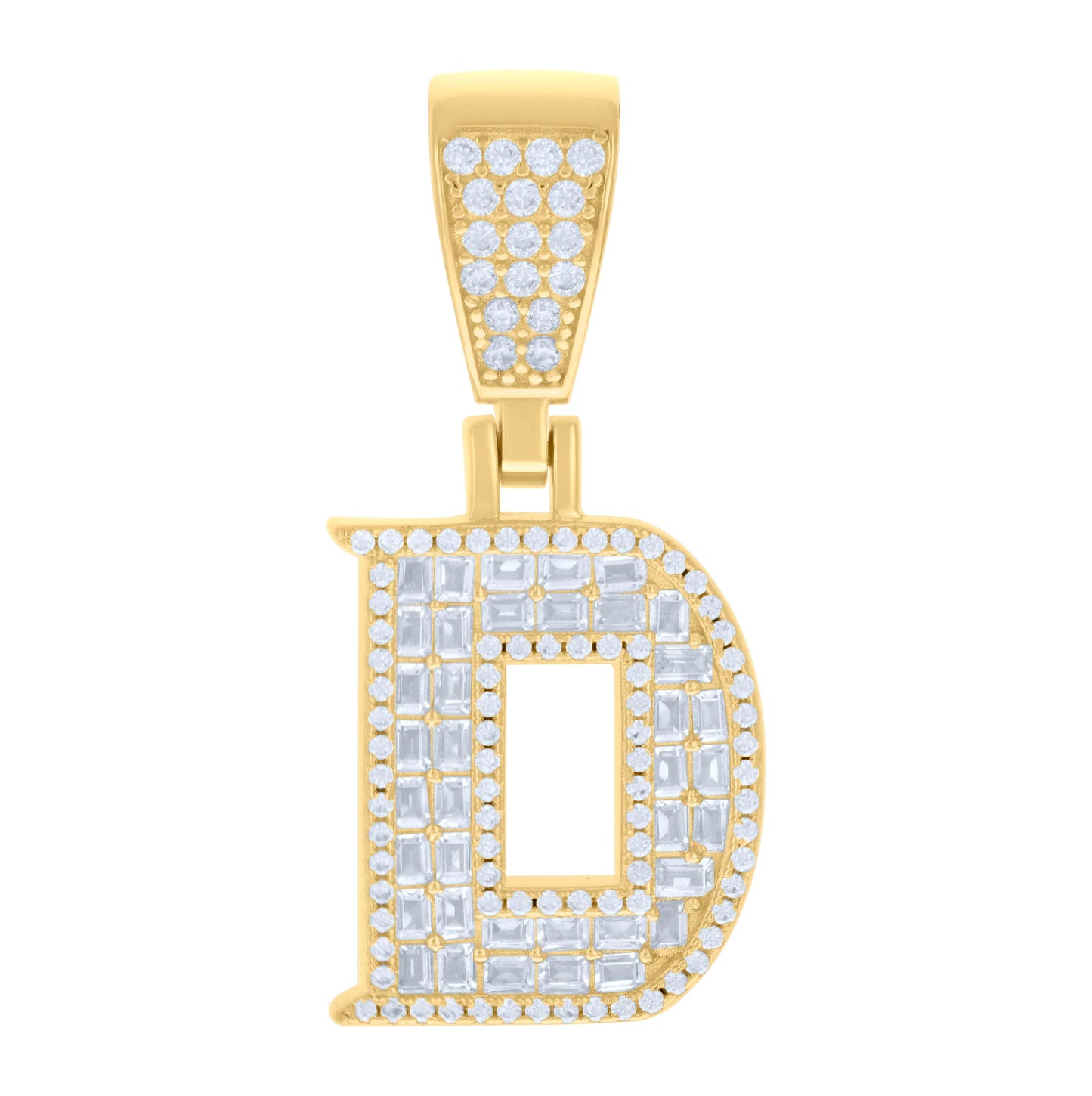 Sterling Silver Unisex Baguette Round Cubic-Zirconia Initial Alphabet Charm Pendant