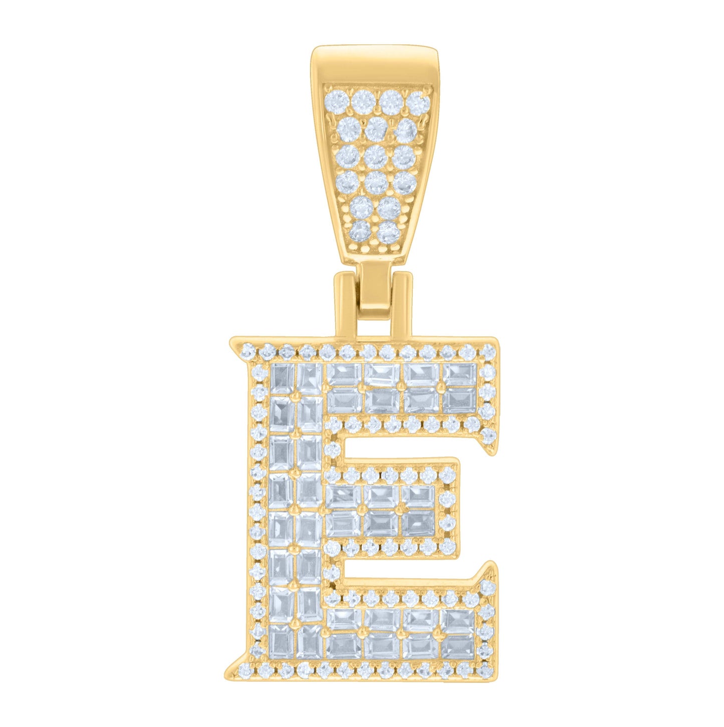 Sterling Silver Unisex Baguette Round Cubic-Zirconia Initial Alphabet Charm Pendant