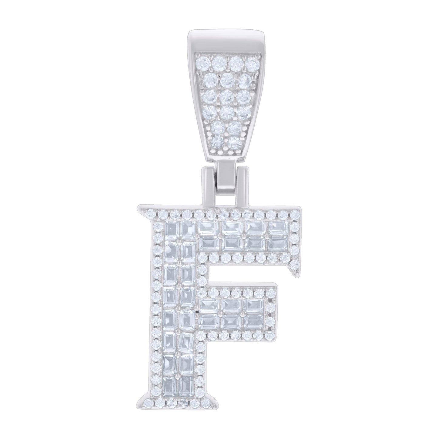 Sterling Silver Unisex Baguette Round Cubic-Zirconia Initial Alphabet Charm Pendant