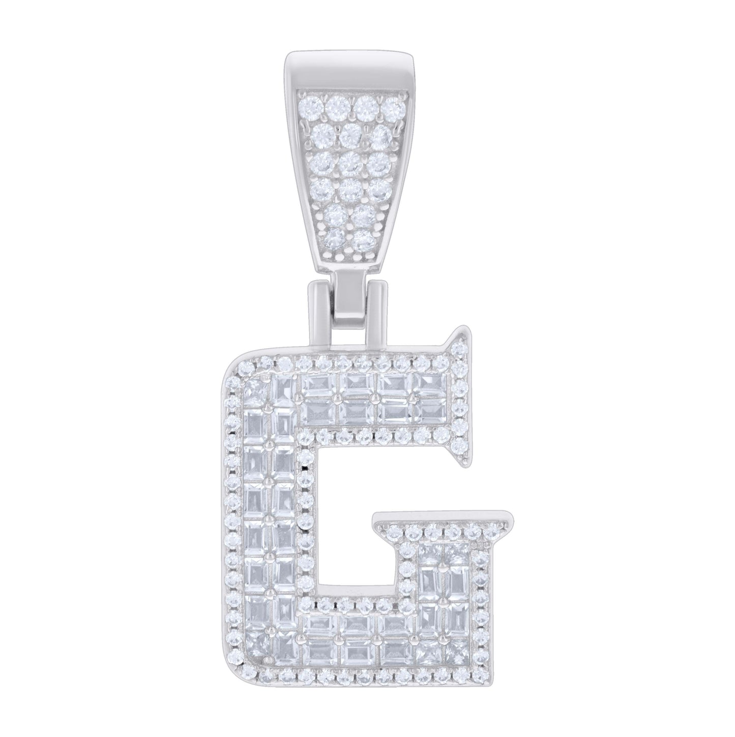 Sterling Silver Unisex Baguette Round Cubic-Zirconia Initial Alphabet Charm Pendant