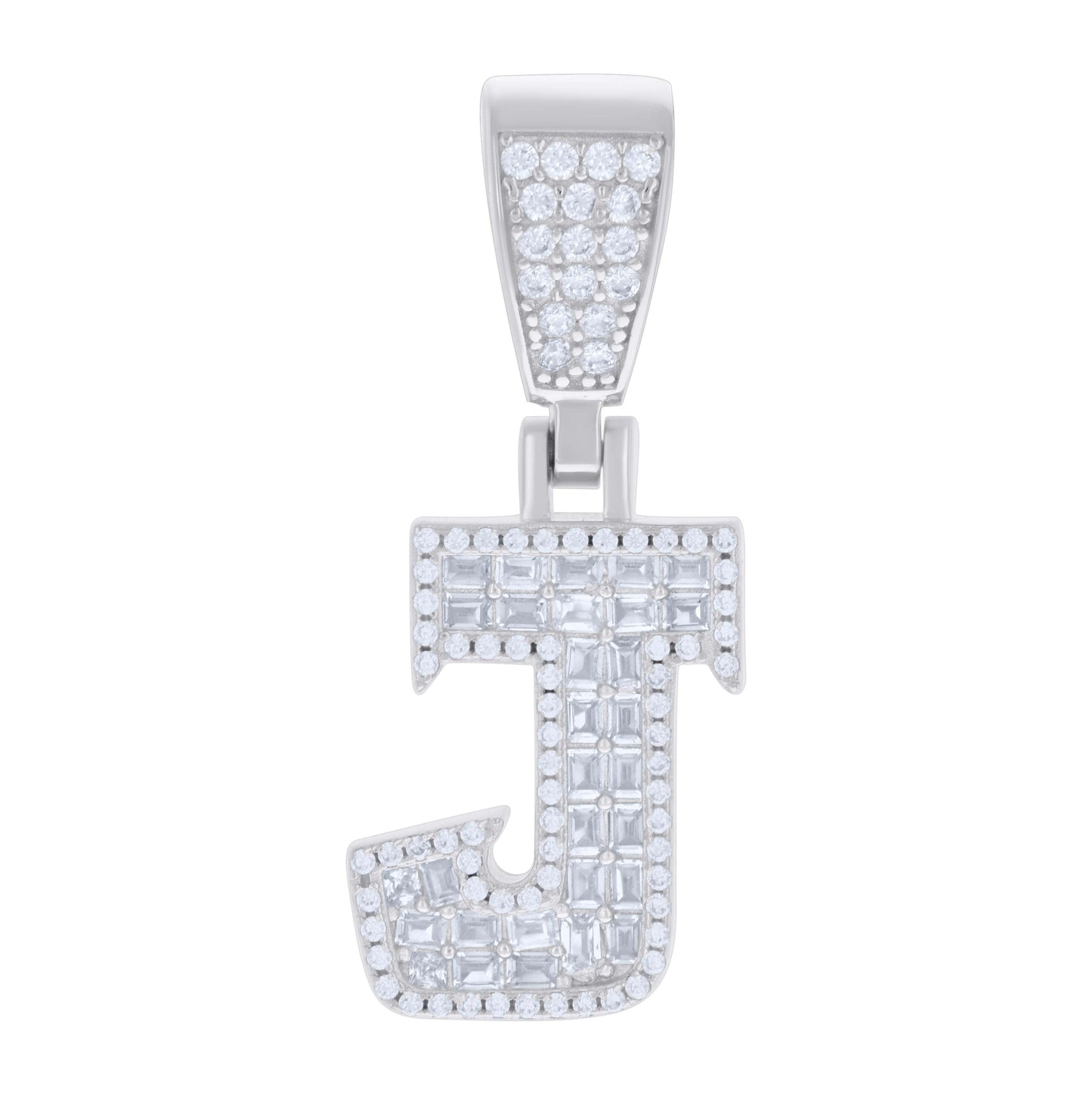 Sterling Silver Unisex Baguette Round Cubic-Zirconia Initial Alphabet Charm Pendant