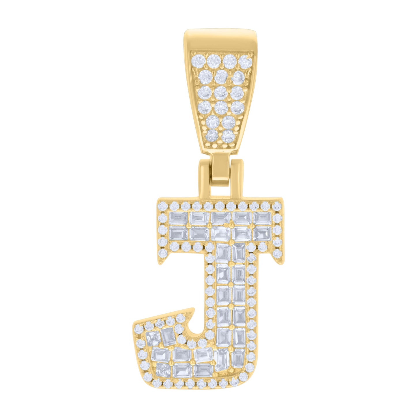 Sterling Silver Unisex Baguette Round Cubic-Zirconia Initial Alphabet Charm Pendant