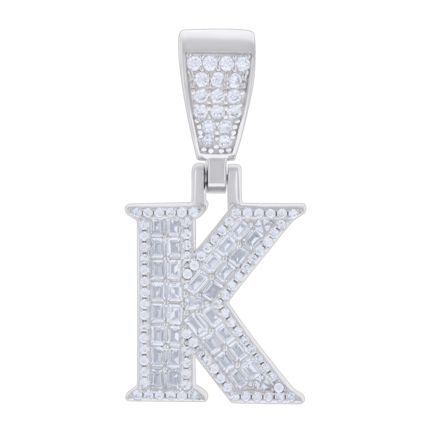 Sterling Silver Unisex Baguette Round Cubic-Zirconia Initial Alphabet Charm Pendant