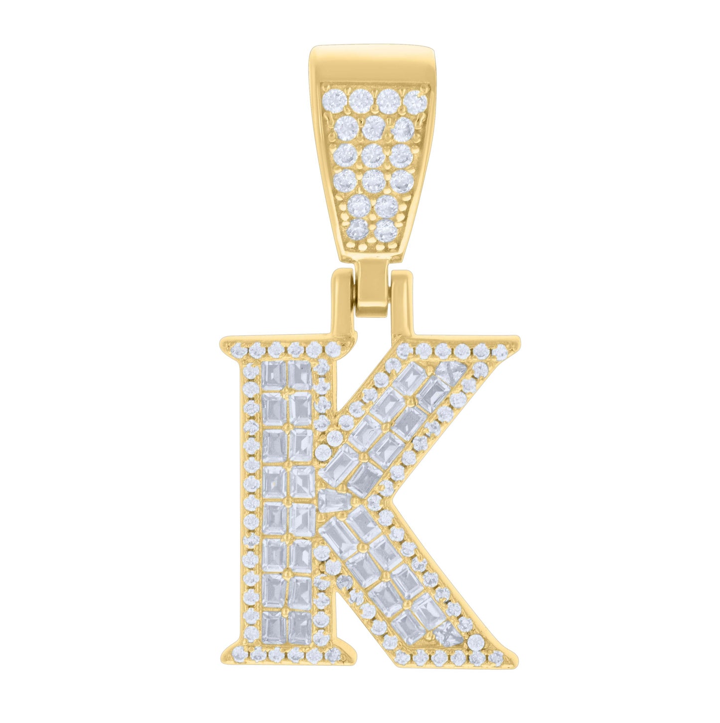 Sterling Silver Unisex Baguette Round Cubic-Zirconia Initial Alphabet Charm Pendant