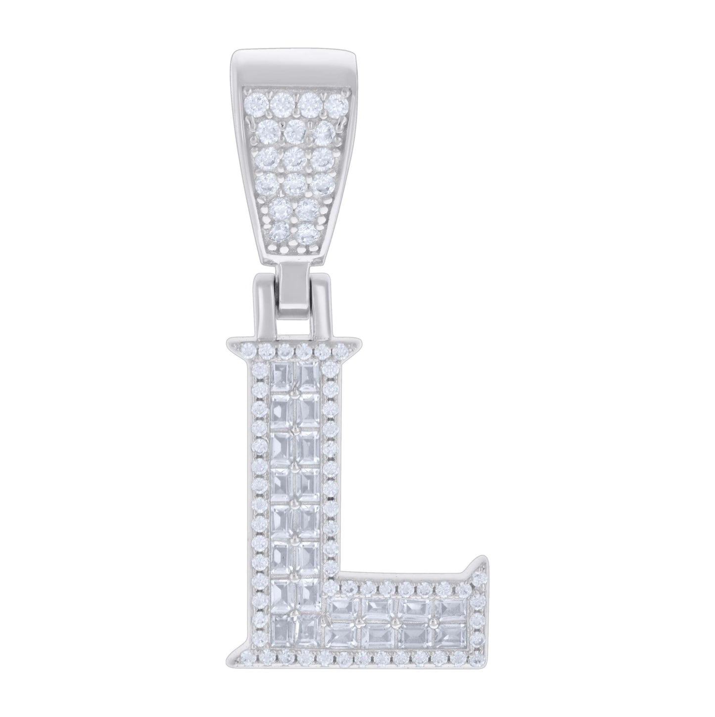 Sterling Silver Unisex Baguette Round Cubic-Zirconia Initial Alphabet Charm Pendant