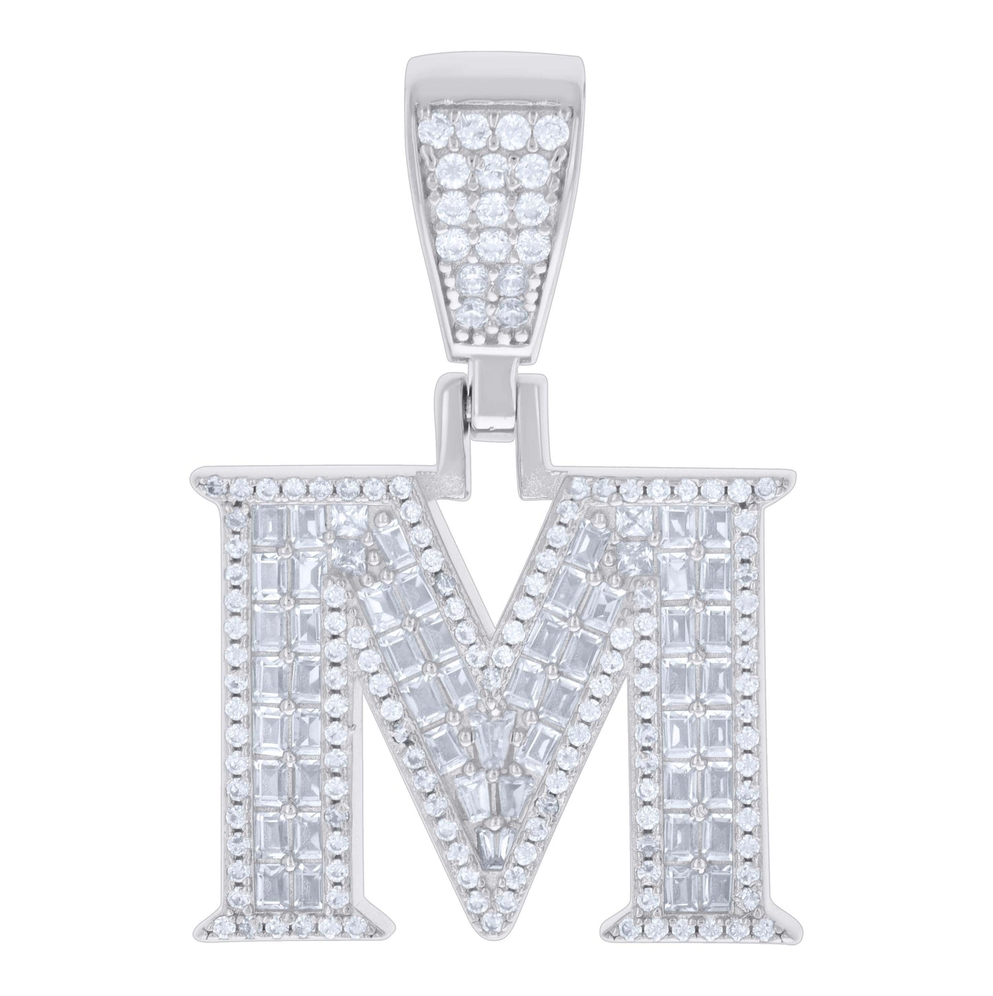 Sterling Silver Unisex Baguette Round Cubic-Zirconia Initial Alphabet Charm Pendant